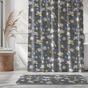 White Magnolia Grove on Slate Blue Elegant Floral  Shower Curtain