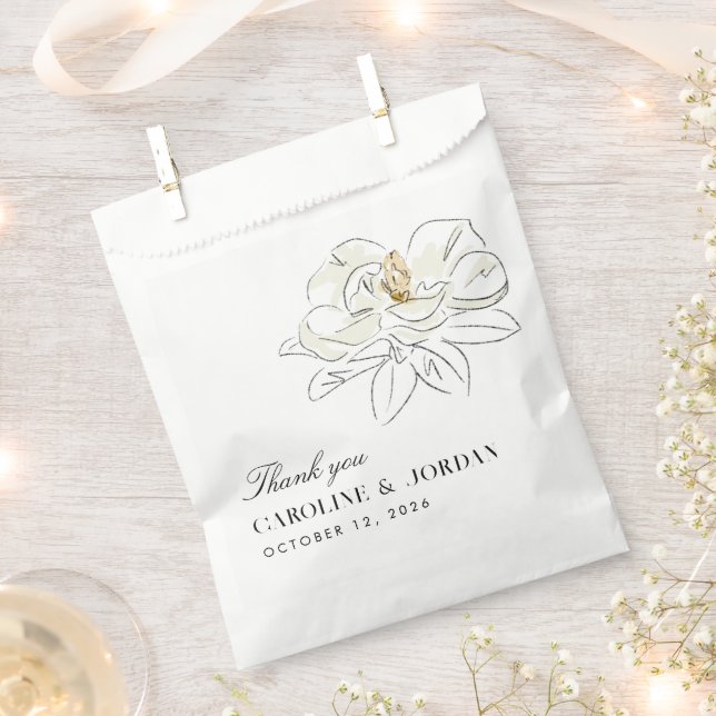White Magnolia Illustration Modern Minimal Wedding Favour Bag (Clipped)