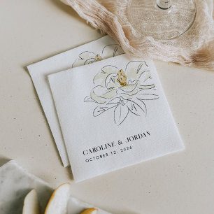 White Magnolia Illustration Modern Minimal Wedding Napkin