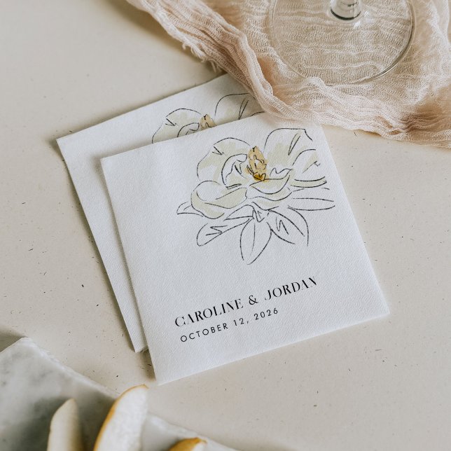 White Magnolia Illustration Modern Minimal Wedding Napkin (Elegant Southern-inspired white magnolia illustration wedding paper napkins.)
