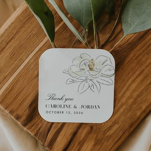 White Magnolia Illustration Modern Minimal Wedding Square Sticker (White Magnolia Illustration Modern Minimal Wedding Square Sticker)