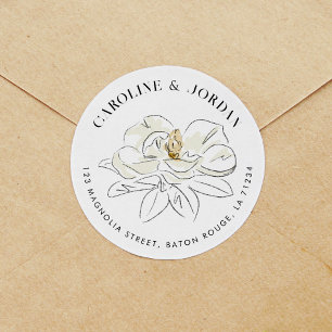 White Magnolia Illustration Modern Return Address Classic Round Sticker