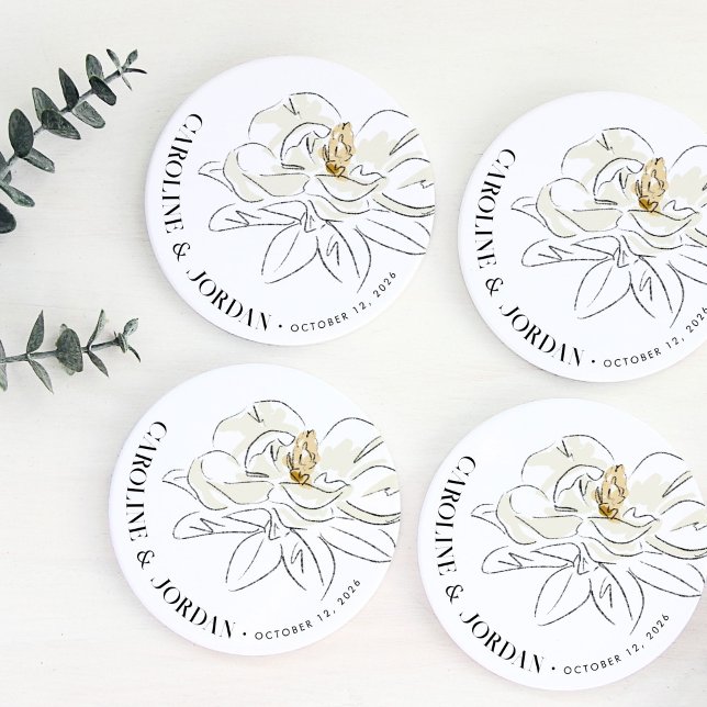 White Magnolia Illustration Wedding Custom Name Round Paper Coaster (Beautiful Southern-inspired white magnolia illustration wedding custom name paper coasters.)