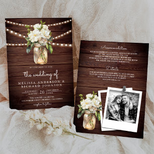 White Magnolia Mason Jar Wood All in One Wedding Invitation