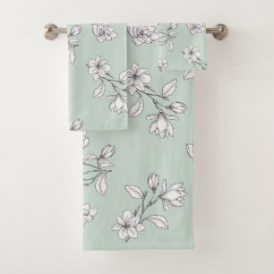 White Magnolia Mint Green Bath Towel Set