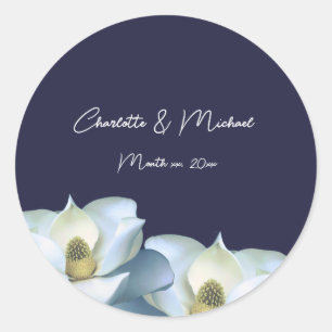 White Magnolia on Navy Elegant Wedding  Classic Round Sticker