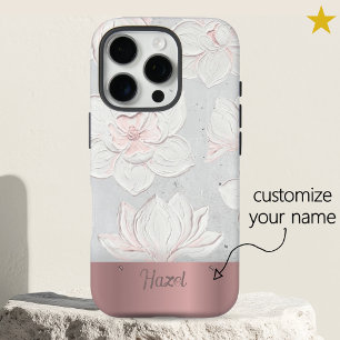 White Magnolia Painting Rose Gold Custom Name iPhone 16 Pro Case