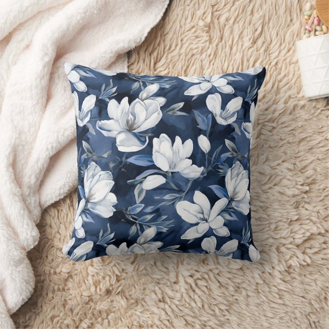 White Magnolia Pattern on midnight background, Cushion (Blanket)