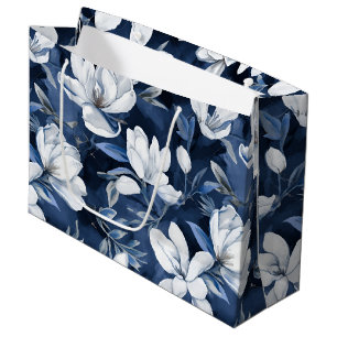 White Magnolia Pattern on midnight background, Large Gift Bag
