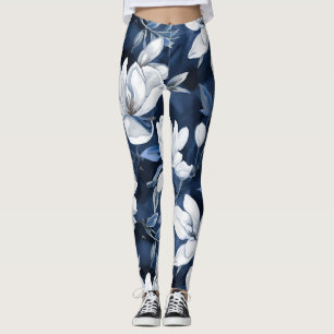 White Magnolia Pattern on midnight background, Leggings