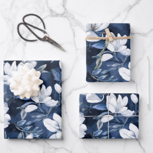 White Magnolia Pattern on midnight background, Wrapping Paper Sheet