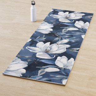 White Magnolia Pattern on midnight background, Yoga Mat