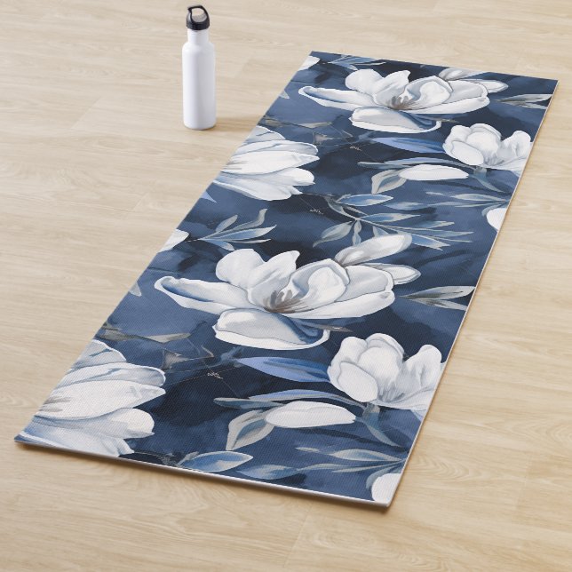 White Magnolia Pattern on midnight background, Yoga Mat (In Situ)