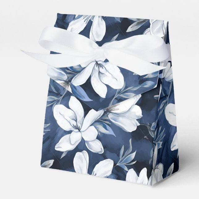 White Magnolia Pattern on midnight chiffon Favour Box (Front Side)