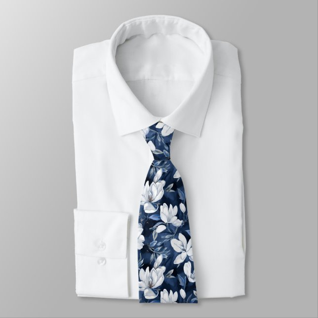 White Magnolia Pattern on midnight chiffon Tie (Tied)