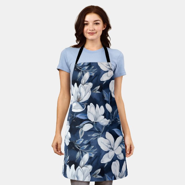 White Magnolia Pattern on midnight, Gardening Apron (Worn)