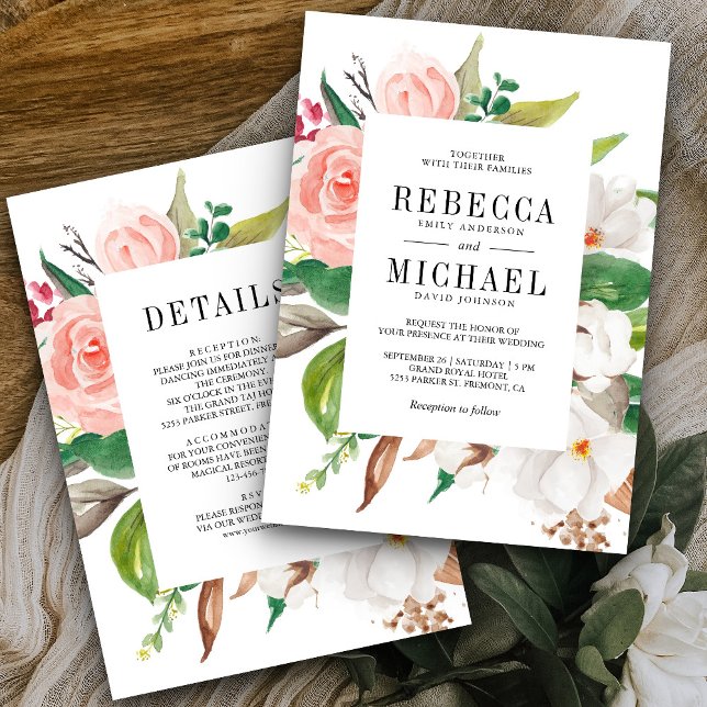 White Magnolia Pink Floral All in One Wedding Invitation (Creator Uploaded)
