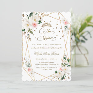 White Magnolia Pink Floral Gold Quinceañera   Invitation