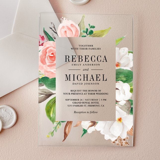 White Magnolia Pink Floral Wedding Acrylic Invitations (Creator Uploaded)