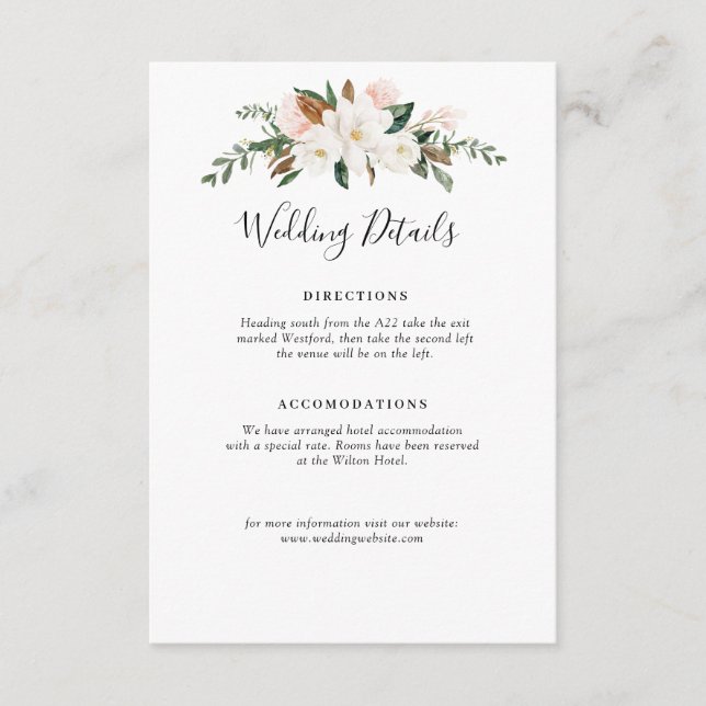 white magnolia & pink floral wedding details card (Front)