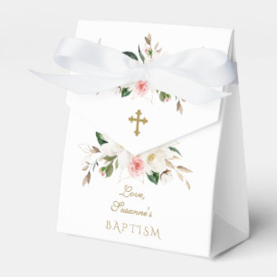 White Magnolia Pink Flowers Gold Cross Baptism Favour Box