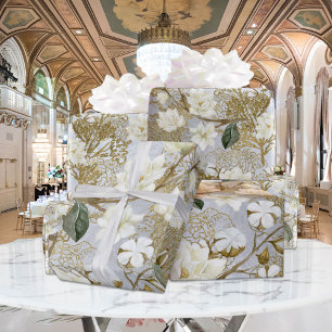 White Magnolia Silver Gold Ferns Chic Floral Wrapping Paper