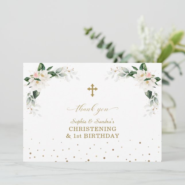 White Magnolia Twins 1st Birthday Christening   Thank You Card (Standing Front)
