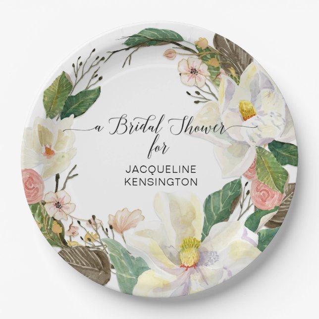 White Magnolia Watercolor Blush Floral Foliage Paper Plate (Front)