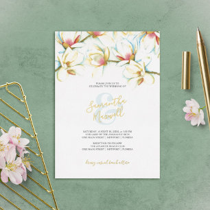 White Magnolia Watercolor Flower Wedding Foil Invi