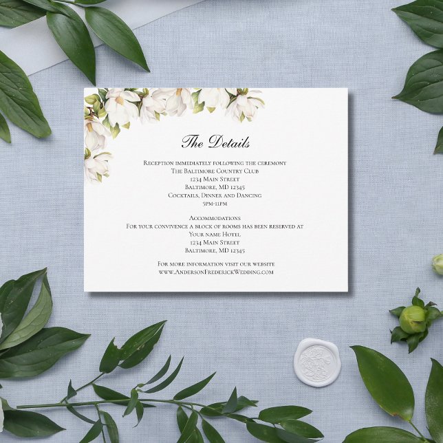 White Magnolia Wedding Details Enclosure card (White Magnolia Floral Wedding Details card)