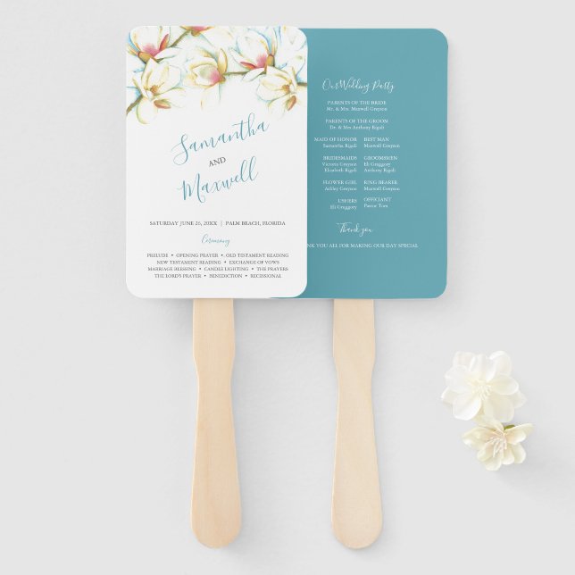 White Magnolia Wedding Program Fan (Front and Back)