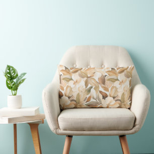 White Magnolia with Tan Modern Art Lumbar Cushion