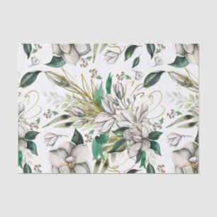 White Magnolias and Green Ribbons Tissue Paper