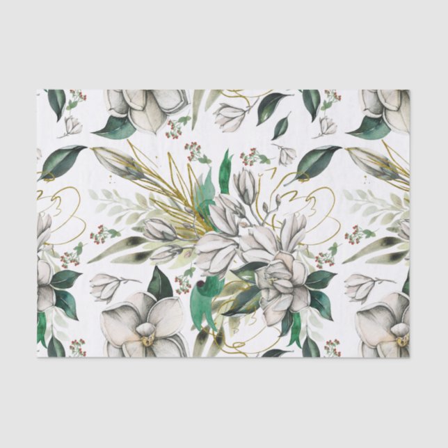 White Magnolias and Green Ribbons Tissue Paper (Front)
