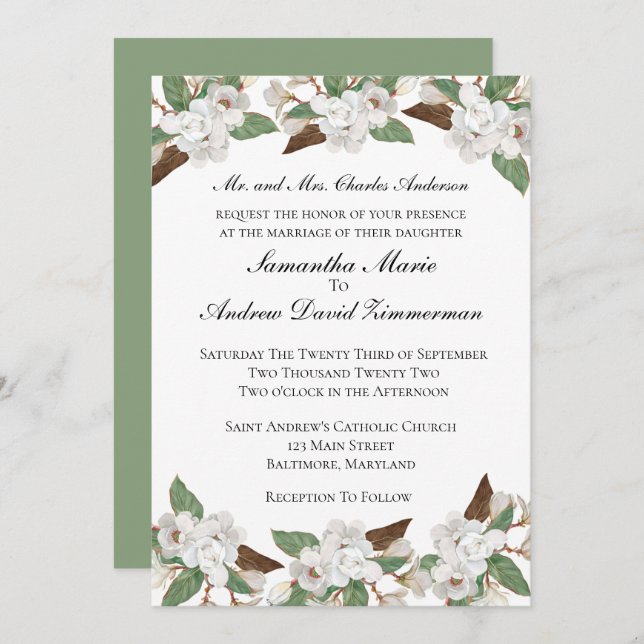 White Magnolias Classic Formal Elegant Wedding Inv Invitation (Front/Back)