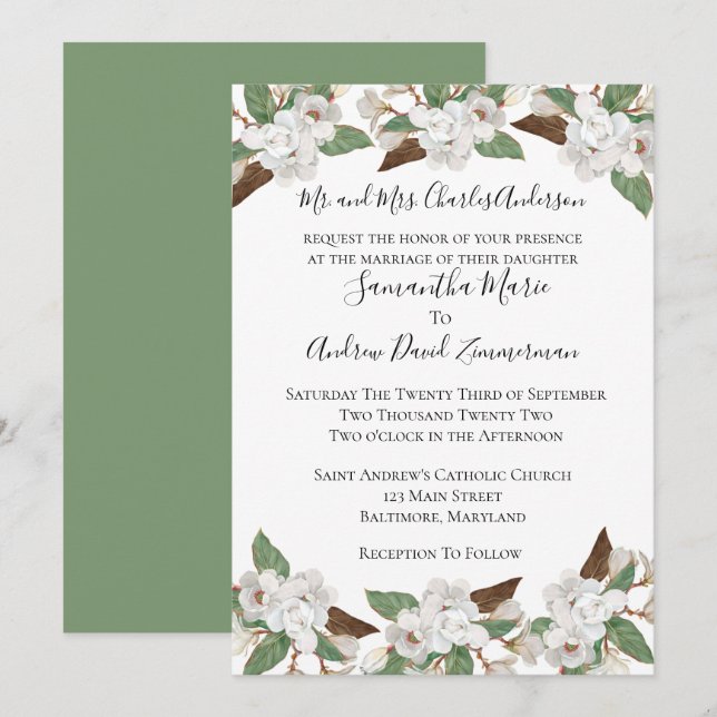 White Magnolias Classic Formal Elegant Wedding  Invitation (Front/Back)