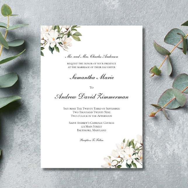 White Magnolias Classic Formal Elegant Wedding Invitation (Elegant Classic Traditional White Magnolias Wedding invitation)