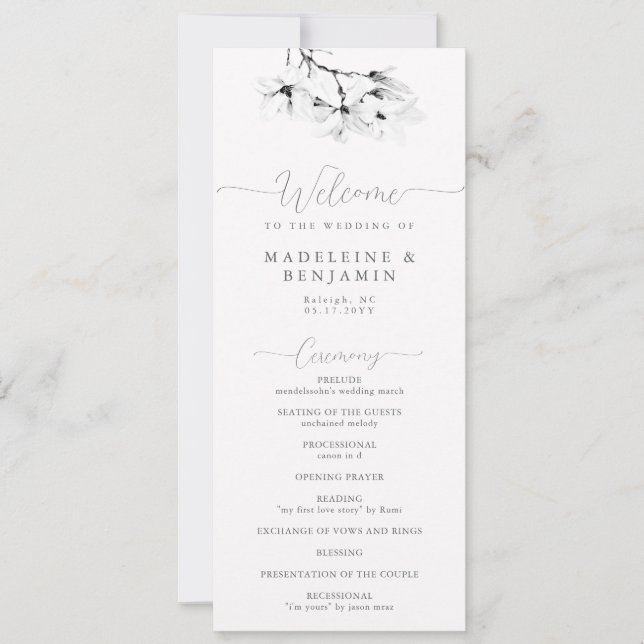 White Magnolias Elegant Modern Wedding Program (Front)