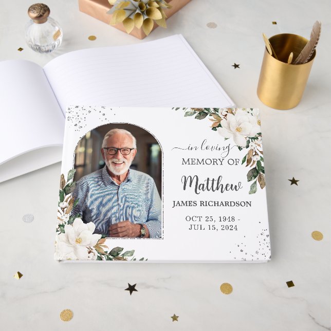 White Magnolias Floral Memorial Funeral Photo Guest Book (Front Open)