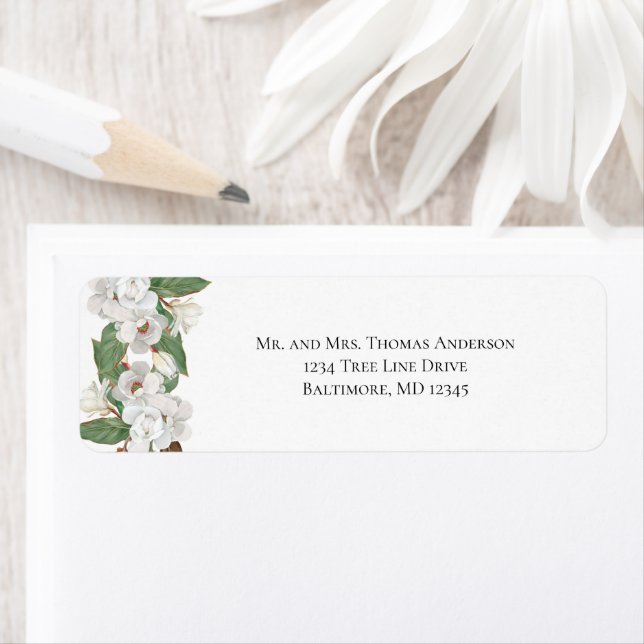 White Magnolias Floral Return Address  Label (Insitu)
