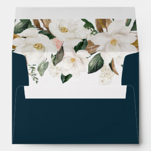 white magnolias navy blue wedding envelope