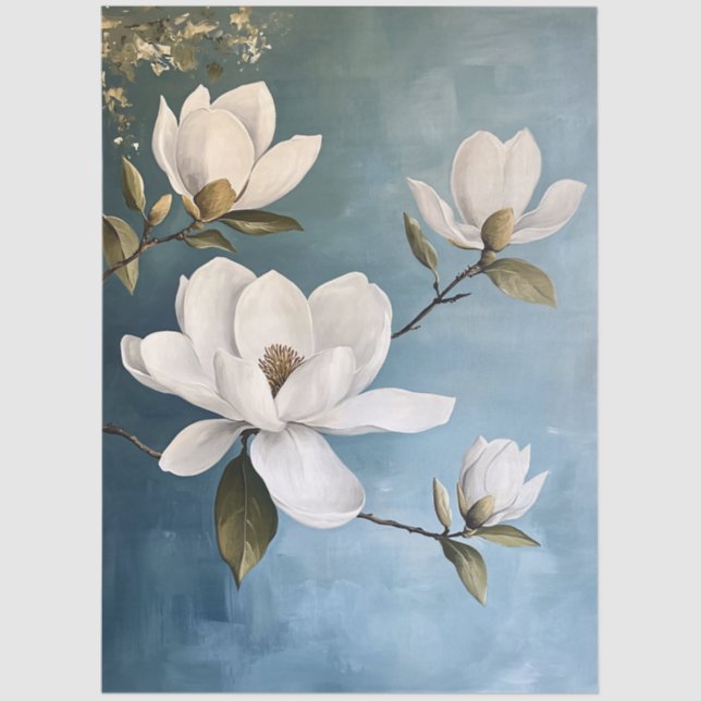 White Magnolias on Blue Decoupage Tissue Pape Tissue Paper (Front)