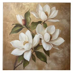 White Magnolias on Gold Background Ceramic Tile