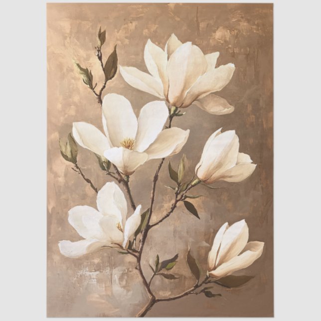 White Magnolias on Gold Decoupage Tissue Pape Paper (Front)