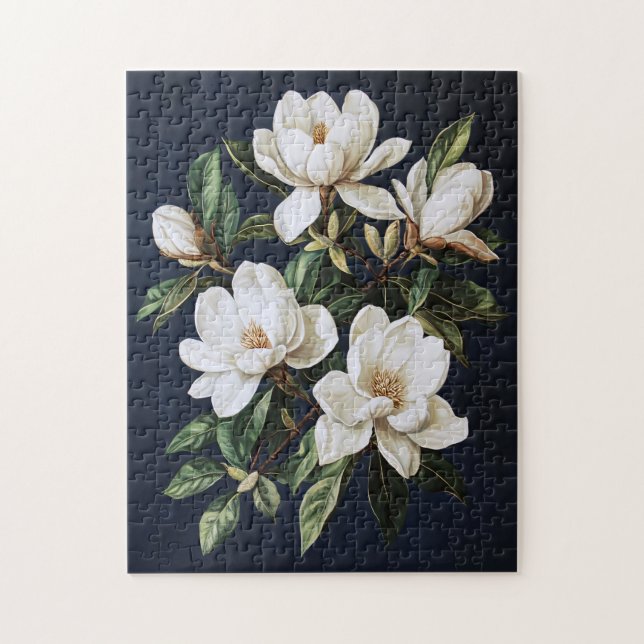 White Magnolias on Navy Blue Jigsaw Puzzle (Vertical)