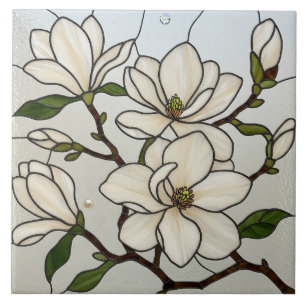 White Magnolias Stained Glass Illusion Ceramic Tile