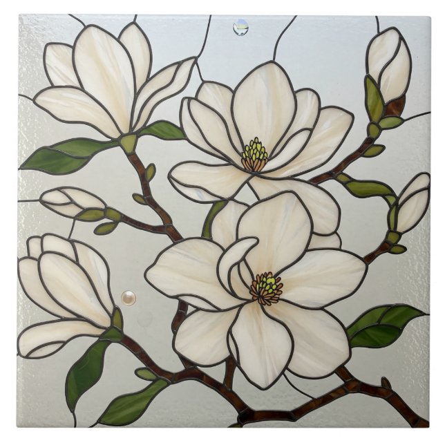 White Magnolias Stained Glass Illusion Ceramic Tile (Front)