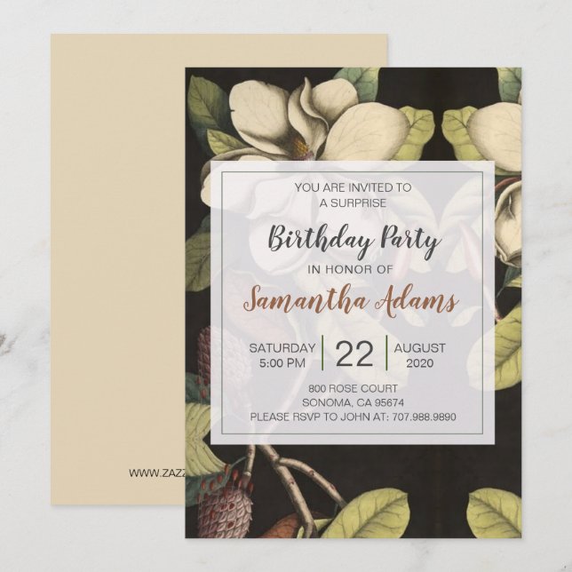 White Magnolias Surprise Birthday Party Invitation (Front/Back)