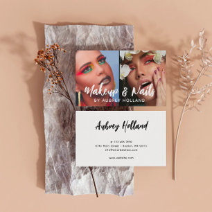 White Makeup & Nails White Script 2 Photos Business Card