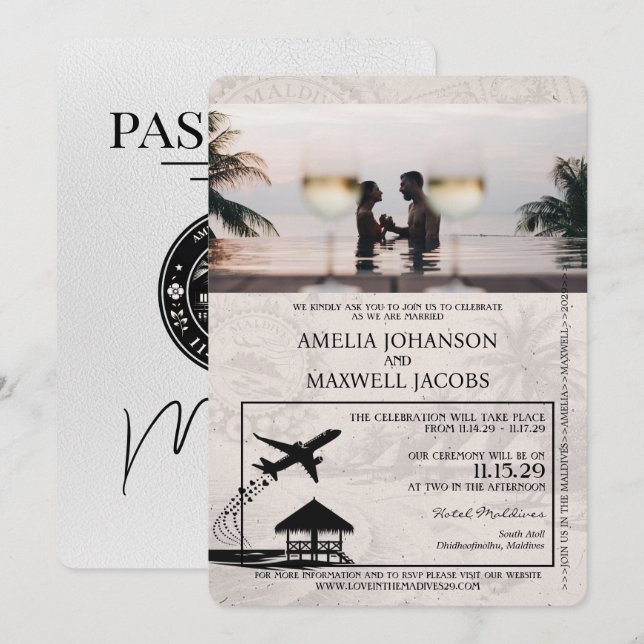 White Maldives Passport Wedding Invitation (Front/Back)